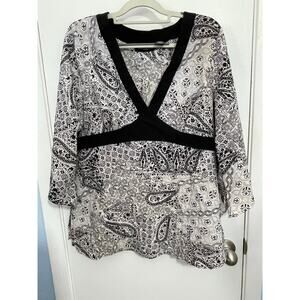 Y2K Blue Diamond Blouse XL Black White Paisley Whimsigoth Boho Flounce Sleeve